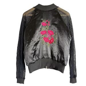 Furst of a Kind Black Satin Fishnet Floral Embroidered Bomber Jacket Size Medium